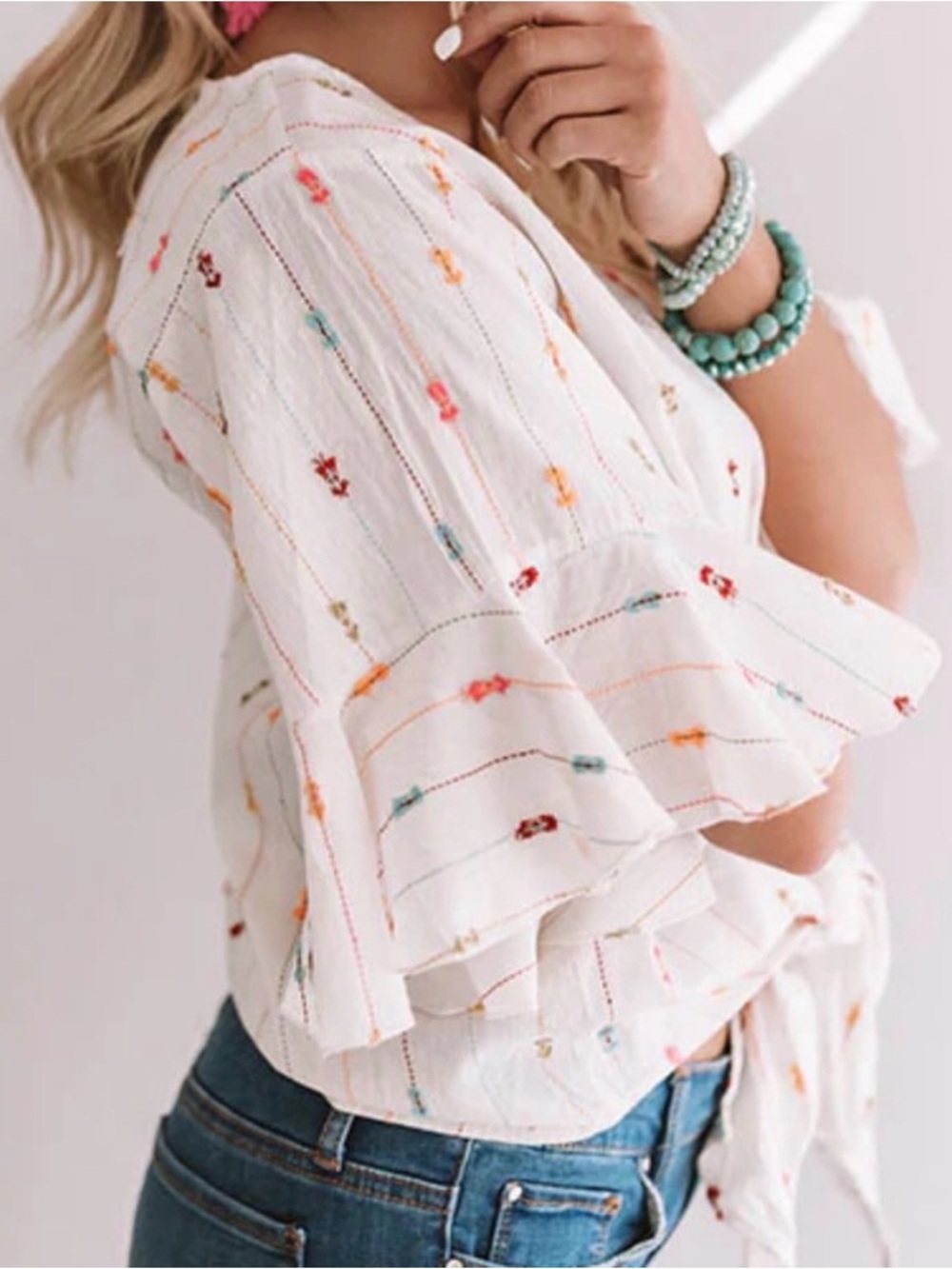 lovestitch White Embroidered Tie-Front Ruffle Sleeve Blouse